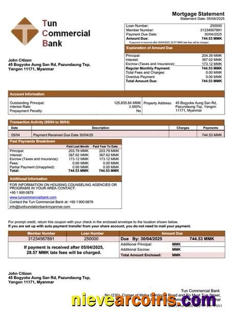Myanmar Tun Foundation Bank mortgage statement Word and PDF template